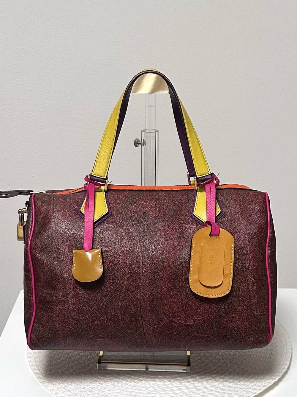 Authentic Etro Boston Satchel Bag Lock Key Tag Multicolor Rare Leather Italy